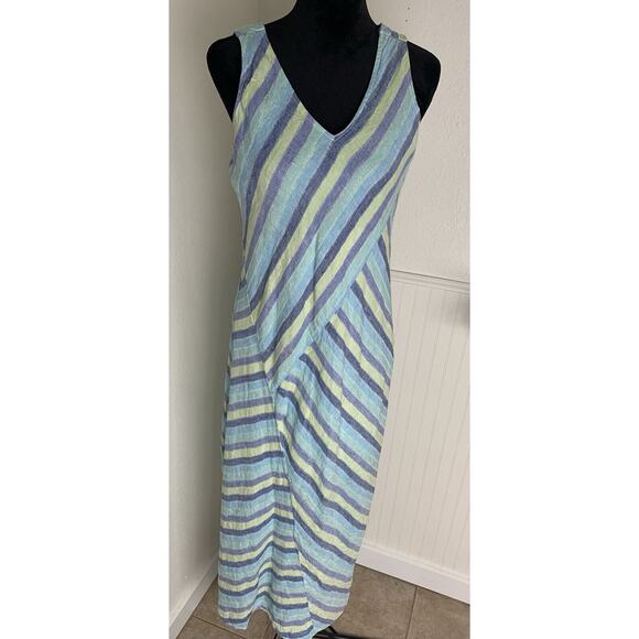 J JILL LOVE LINEN Dress Blue Green Striped Maxi Sundress Asymmetrical Sz M Tall - Picture 2 of 8